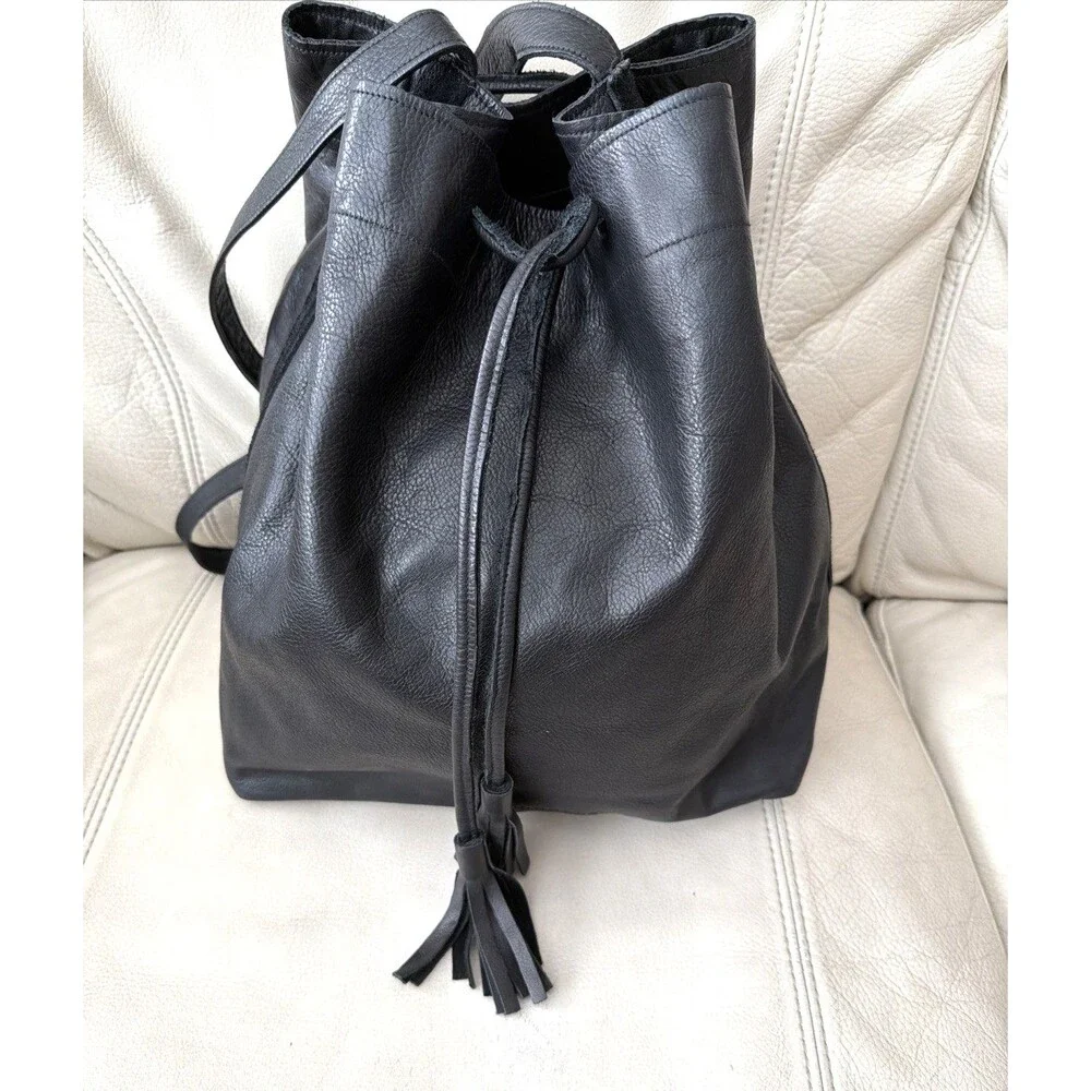 Leather Bucket Bag Handcrafted in USA Black The Podolls Drawstring Hobo Western